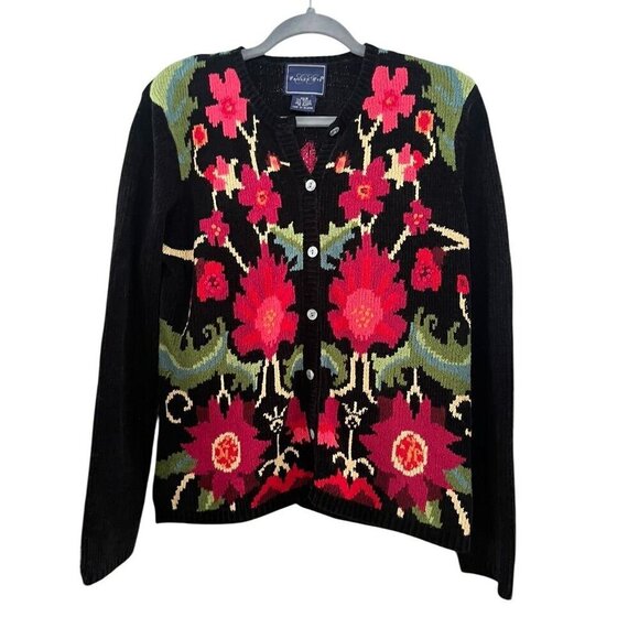 Eagles Eye Sweater Women M Black Floral Cardigan Retro Granny Valentines Boho - Picture 1 of 12